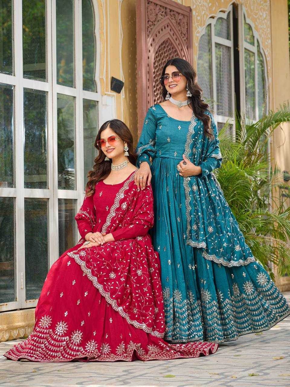 Vichitra Silk Embroidery Long Gowns - MYLUXURY LANE ENTERPRISE